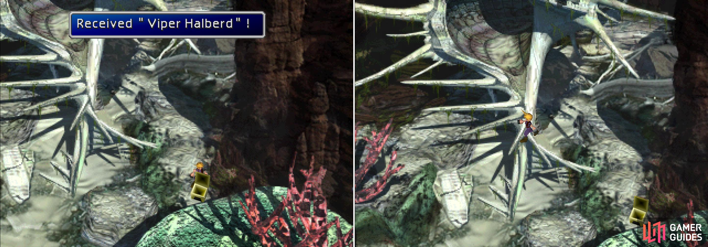 Run around the shell to find a chest containing a Viper Halberd (left) then leap up the shell’s spikes to reach the next area (right).
