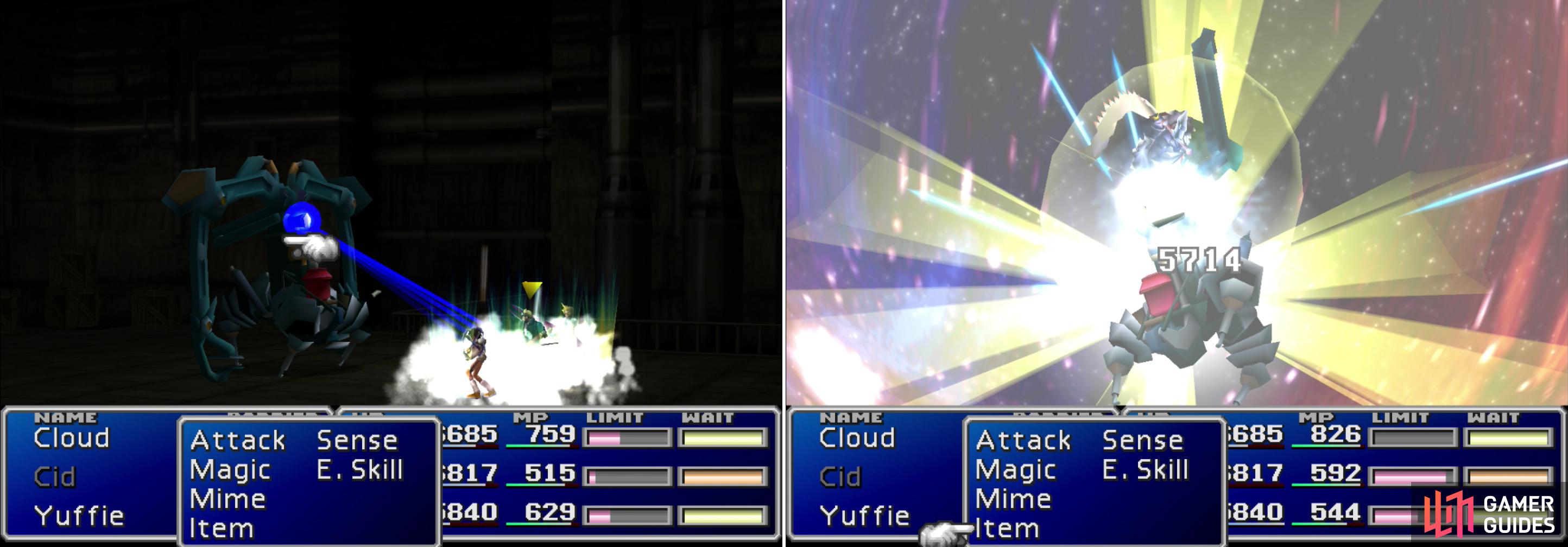 Aside from its arms, Carrry Armor’s “Lapis Laser” is its most powerful attack (left). If you have it, Knights of the Round will end the fight in one casting (right).