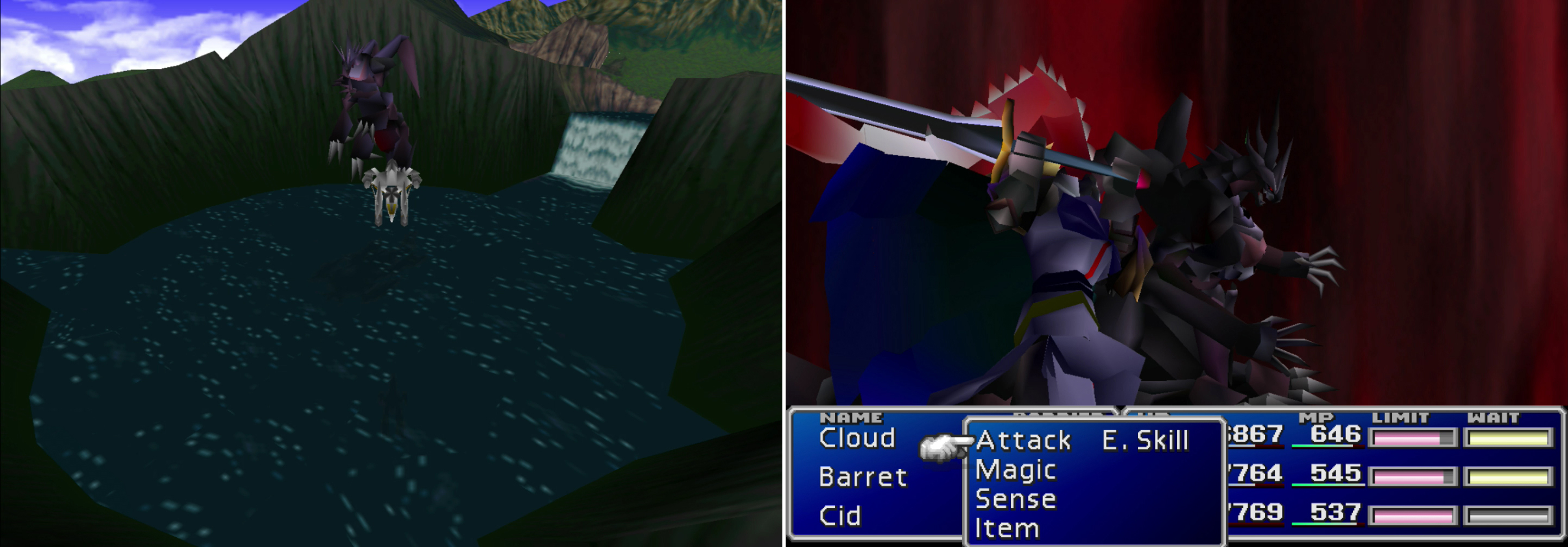 Find Ultimate Weapon biding its time in a crater near Junon (left). Normally you have to engage the monster in multiple encounters, but one good casting of Knights of the Round will send Ultimate Weapon to the final encounter (right).