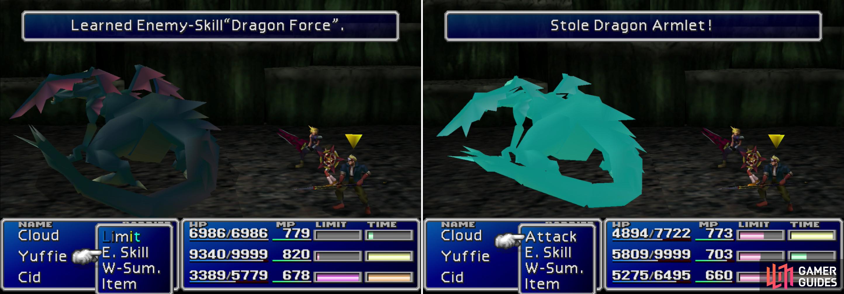 You can learn the “Dragon Force” and “Laser” Enemy Skills from Dark Dragons (left), you can also steal Dragon Armlets from them (right).