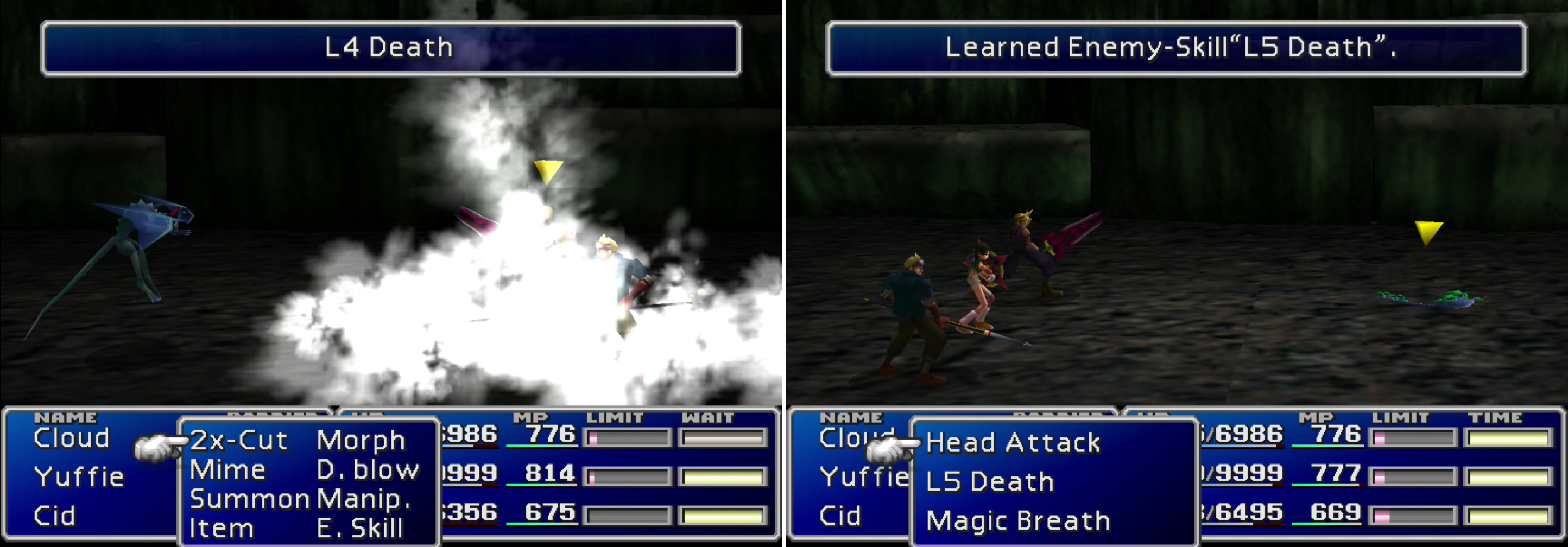 Gargoyles will cast “L4 Death” as a final attack before they die (left), be sure to protect yourself with “Death Force”. You can learn the “L5 Death” and “Magic Breath” Enemy Skills from Parasites (right).