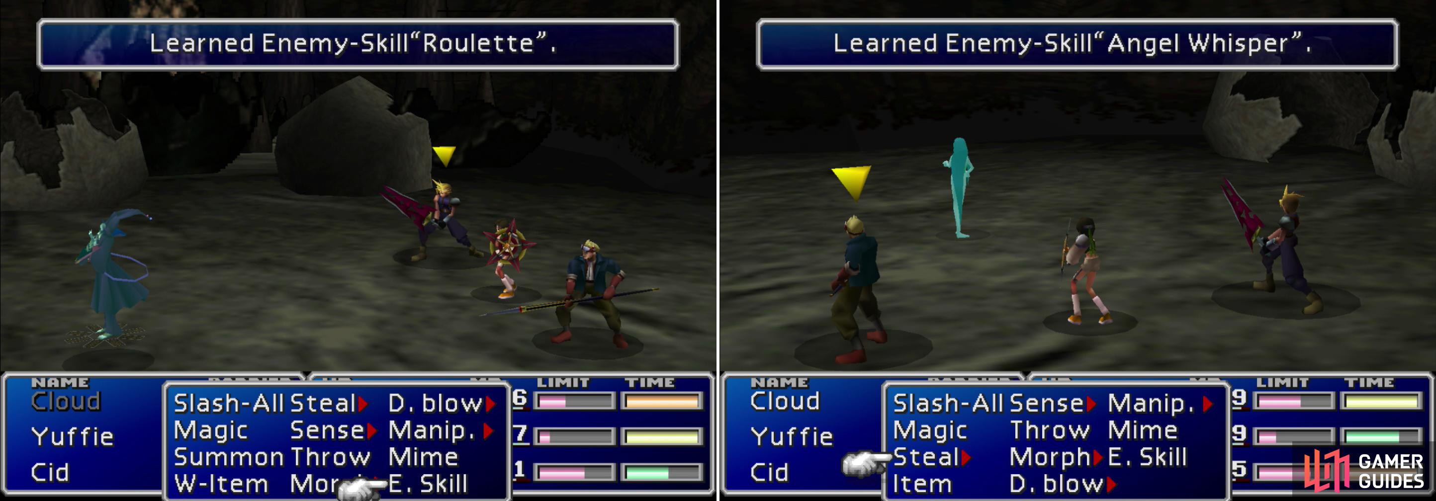 Learn the “Roulette” Enemy Skill from the Death Dealer (left) and the more useful “Angel Whisper” Enemy Skill from the Pollensalta (right).