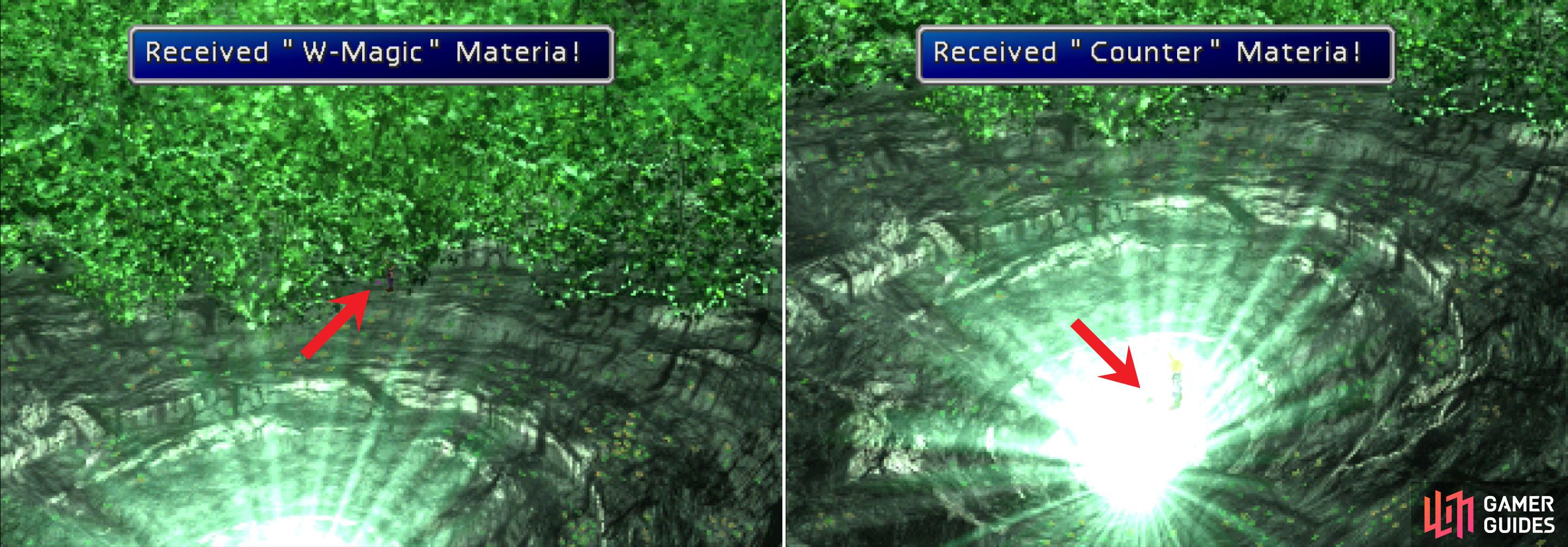 You can find some W-Magic Materia hiding behind some leaves (left) and hidden in a glowing pool of light is the immensely useful Counter Materia (right).