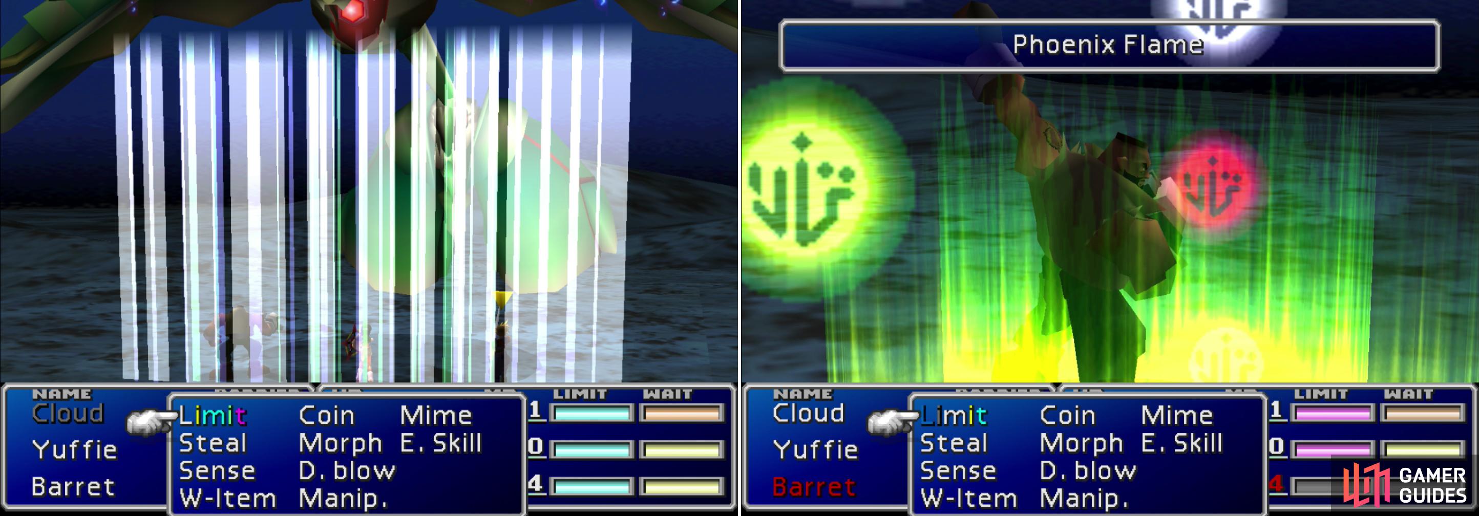 Emerald Weapon’s Aire Tam Storm is easily its most dangerous attack, dealing 1111 damage per piece of Materia a character has equipped (left). Having Phoenix + Final Attack Materia equipped will revive the party in case they get wiped out (right).