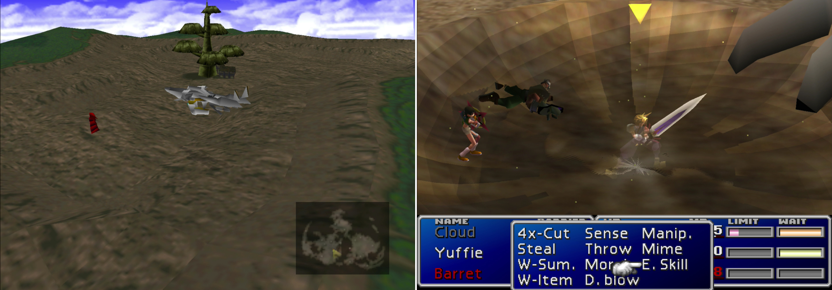 You can see Ruby Weapon lurking in the desert around the Gold Saucer (left). Enter combat with two characters dead, or Ruby Weapon will use “Whirlsand” to remove some character from the fight (right). Fighting Ruby Weapon at less than three-to-one odds is a recipe for disaster.