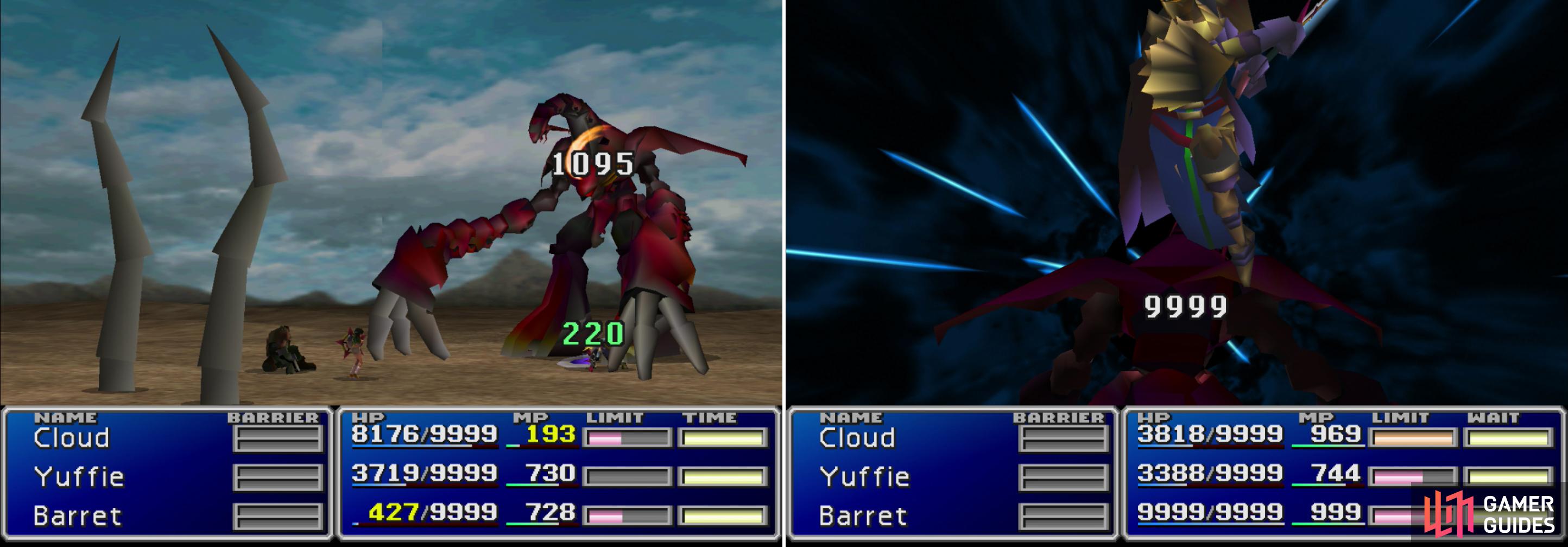 Ruby Weapon is highly resistant to physical attacks (left) so the Command Materia Strategy won’t work here. Knights of the Round - perhaps boosted with MP Turbo - will deal massive damage, however (right).