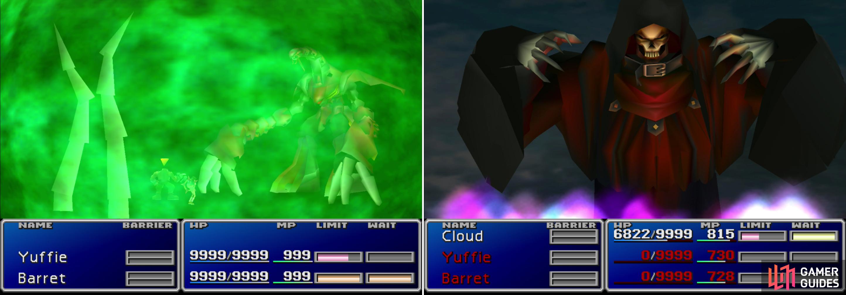 Ruby Weapon will counter summon spells with “Ultima” (left), but can be paralyzed by summoning Hades (right).
