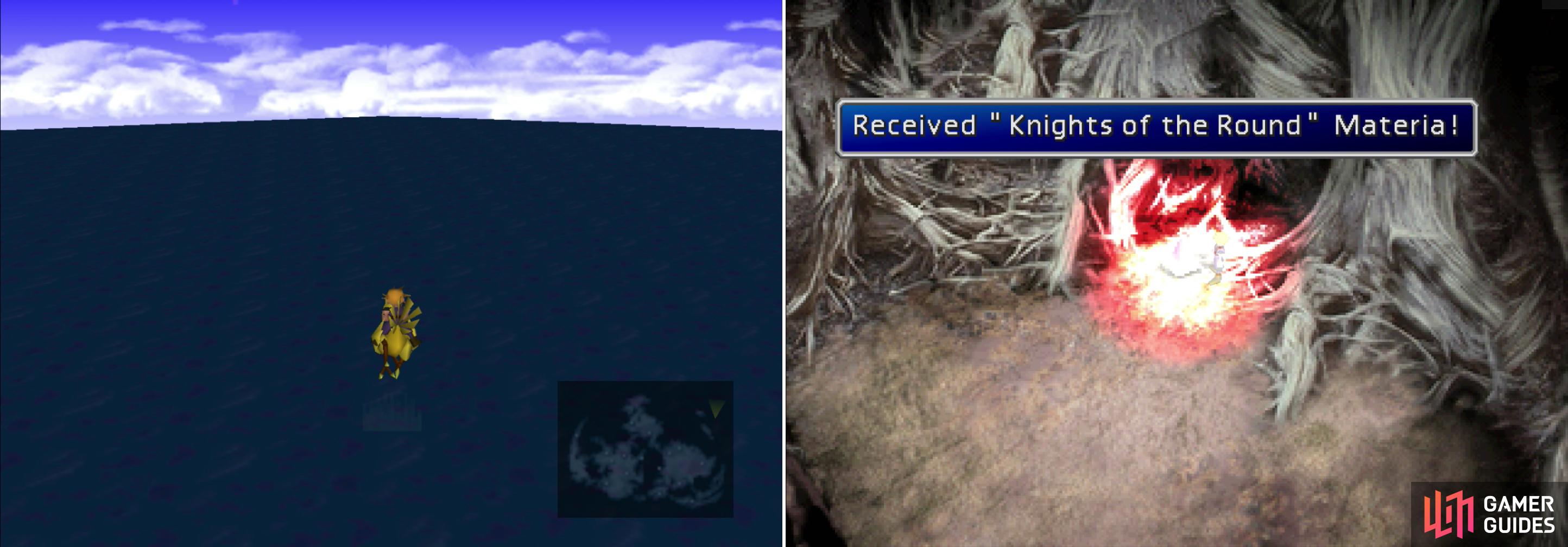 Breed a Black Chocobo and a Wonderful Chocobo to get a Gold Chocobo, which can cross oceans! (left) The Gold Chocobo is the only way to reach Round Island, where the Knights of the Round Materia can be found (right).