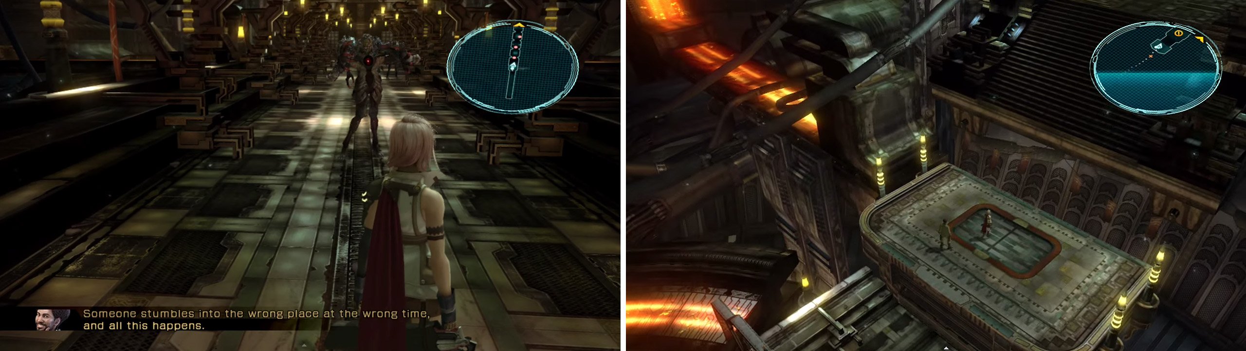 (Left) A corridor with six challenges. (Right) After the battles take the elevator up.