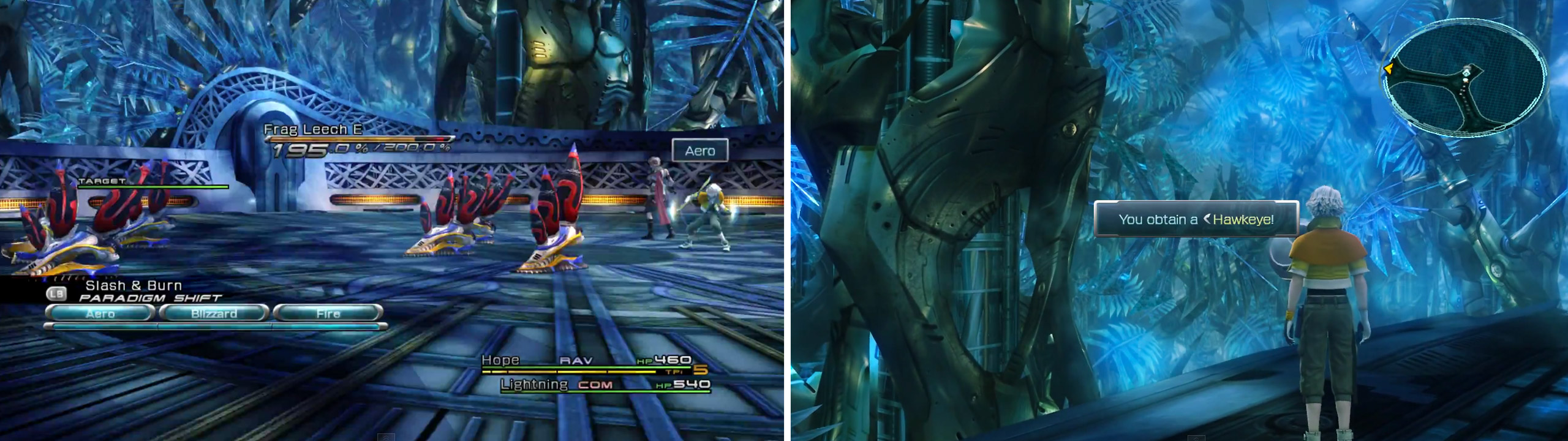 Fight the 6x Frag Leech (left) and then collect the Hawkeye weapon for Hope (right).