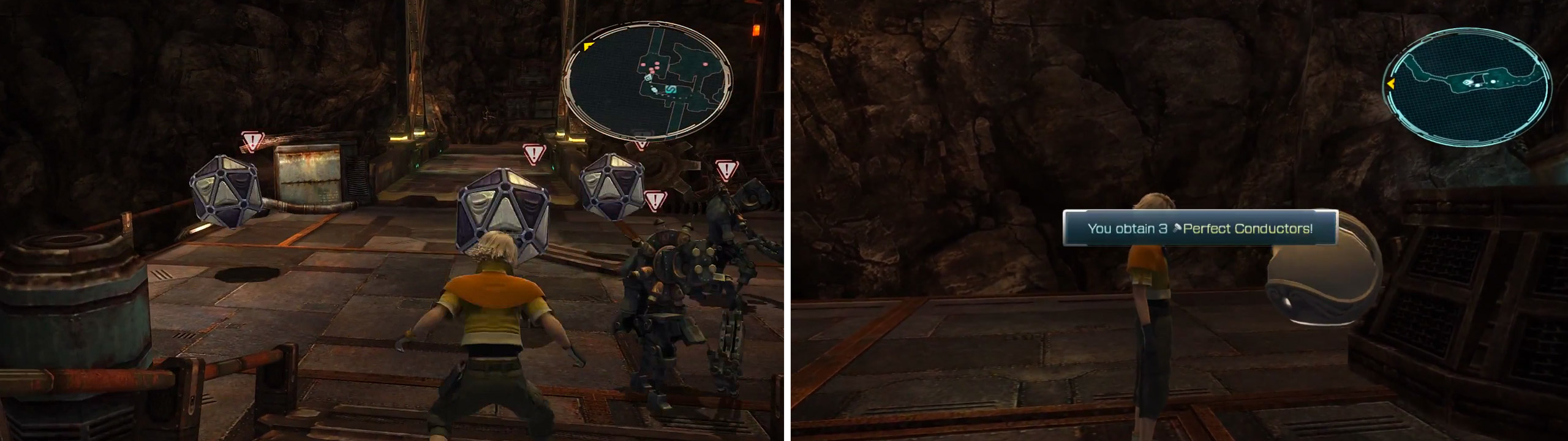 Pulsework Centurions and Cryohedrons fight amongst themselves (left) and the Perfect Conductor location (right).
