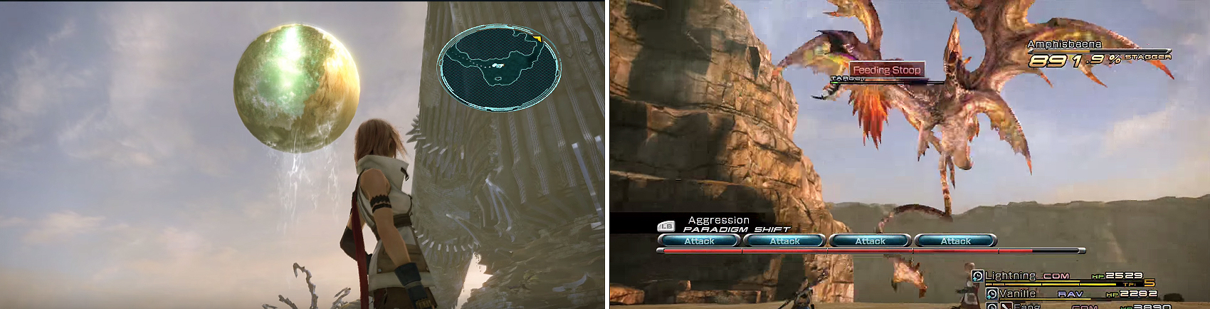 This is one of the best areas in the game to see Cocoon from Gran Pulse (left). Watch out for Feeding Stoop when fighting Amphisbaena (right).