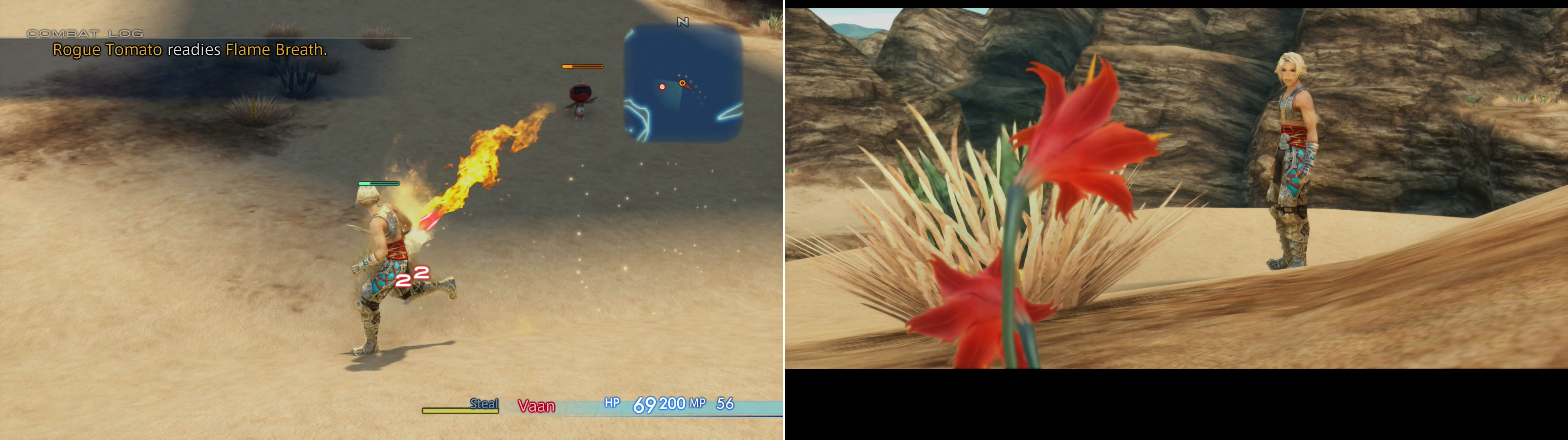 Be wary of Rogue Tomato’s Flame Breath (left) after which Vaan will notice some Galbana Blooms (right).