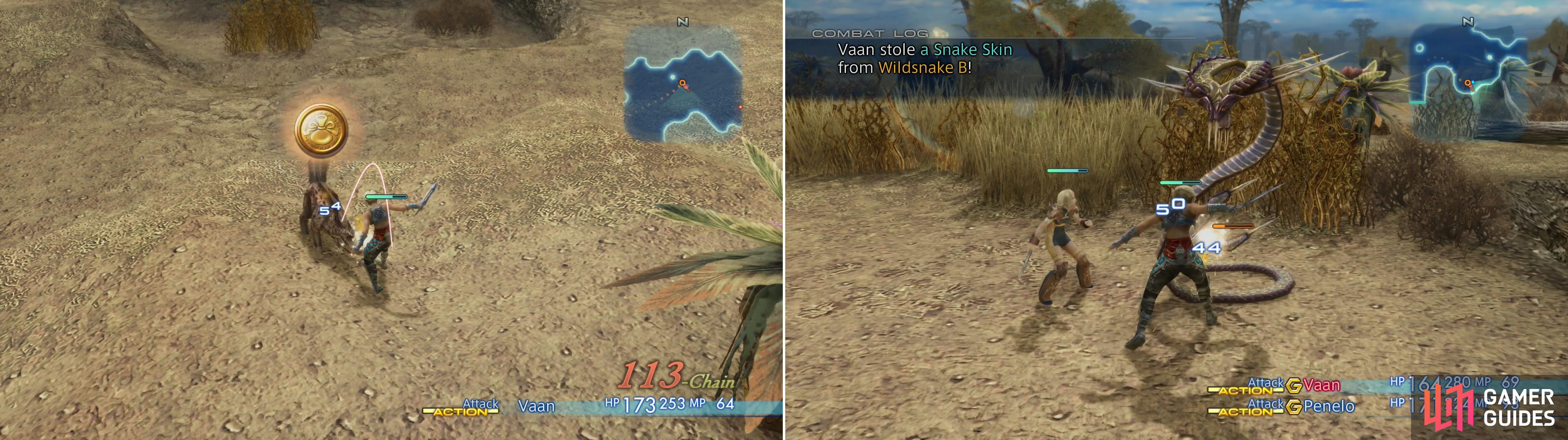 The more of the same monster you kill consecutively, the higher your battle chain number (left), improving loot drops. Some rare loot, like Snake Skin can only be stolen (right).