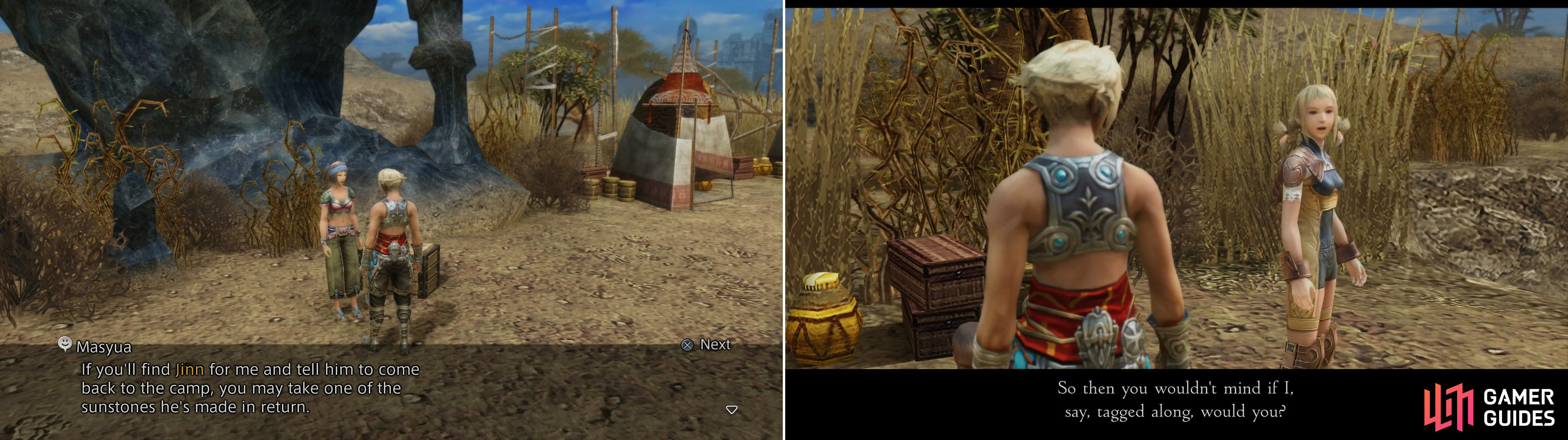 Talk to Masyua near the dark crystal and she’ll off you a job by which you can earn a Sunstone (left). Penelo will stop you as you leave the Nomad Village and insist on joining you (right).