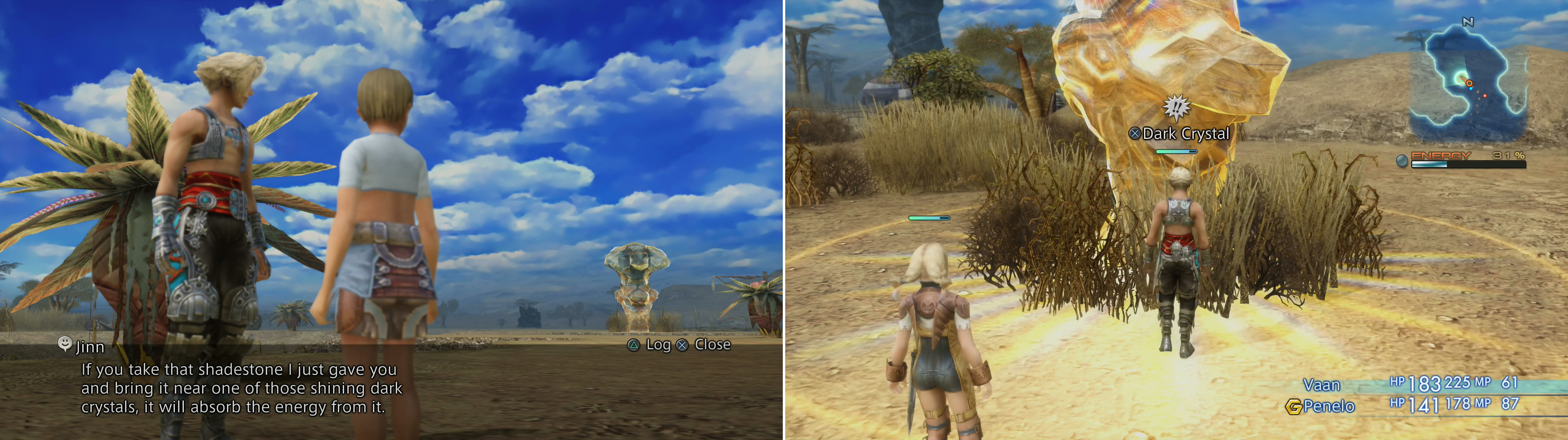 Find Jinn in the Crystal Glade area, where you’ll find Jinn (left). After he gives you a Shadestone and tells you want to do - find the dark crystals aound the Giza Plains and use them to create a Sunstone (right).