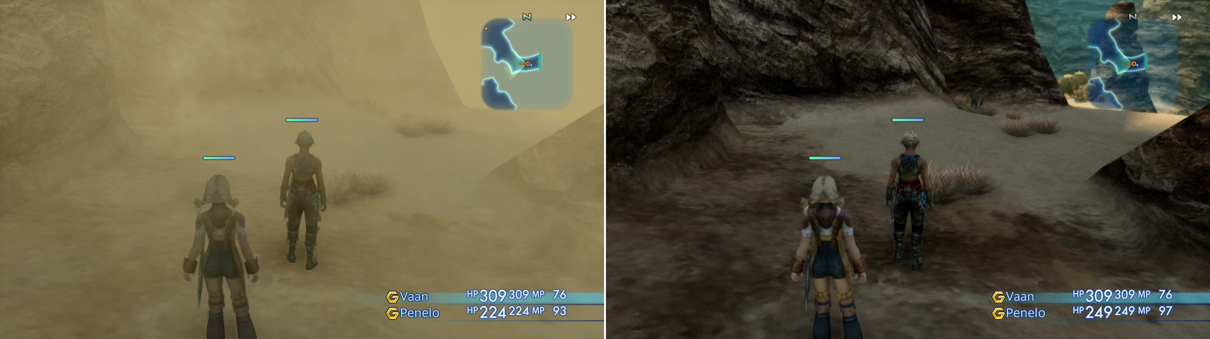 There are two distinct weather conditions in the Westersand - sandstorms (left) and clear (right). Zone in and out of the Westersand until the weather suits your need.