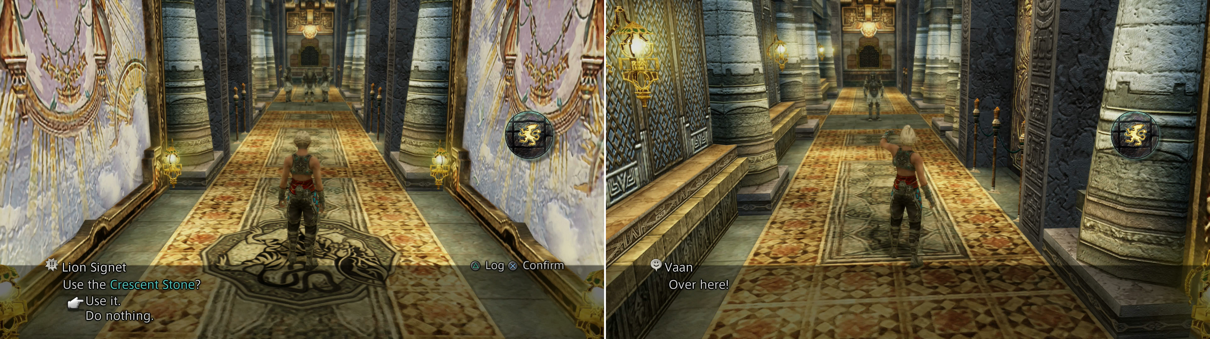 Use the Crescent Stone on the Lion Signet (left) then lure Imperials out of your way (right).