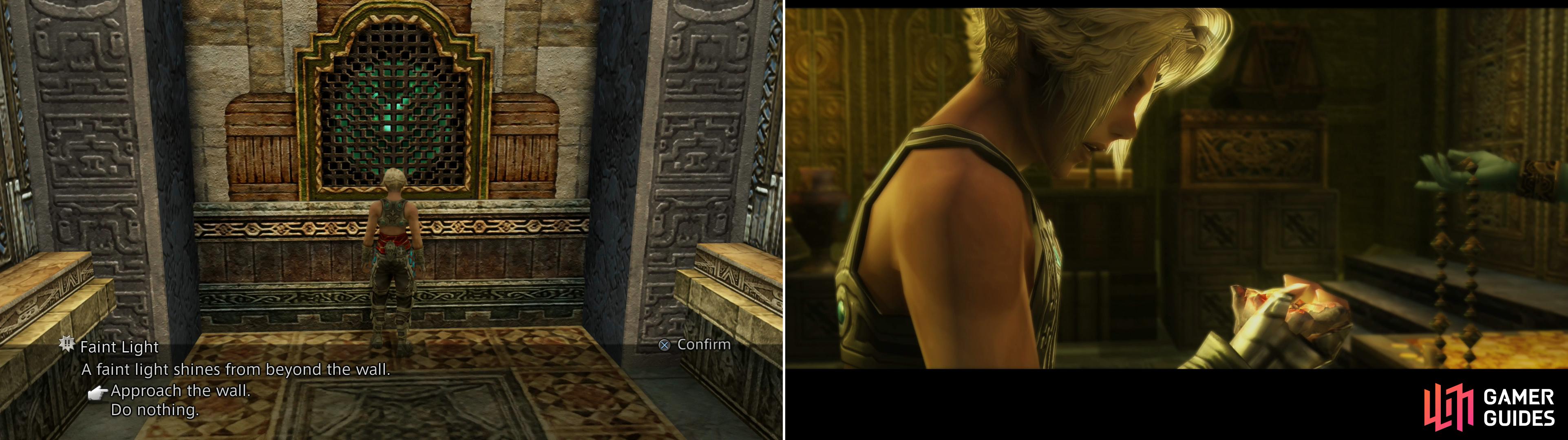 Find the hidden door by searching for the wall with the glowing light (left), after which Vaan will claim a choice bauble from the treasury (right).