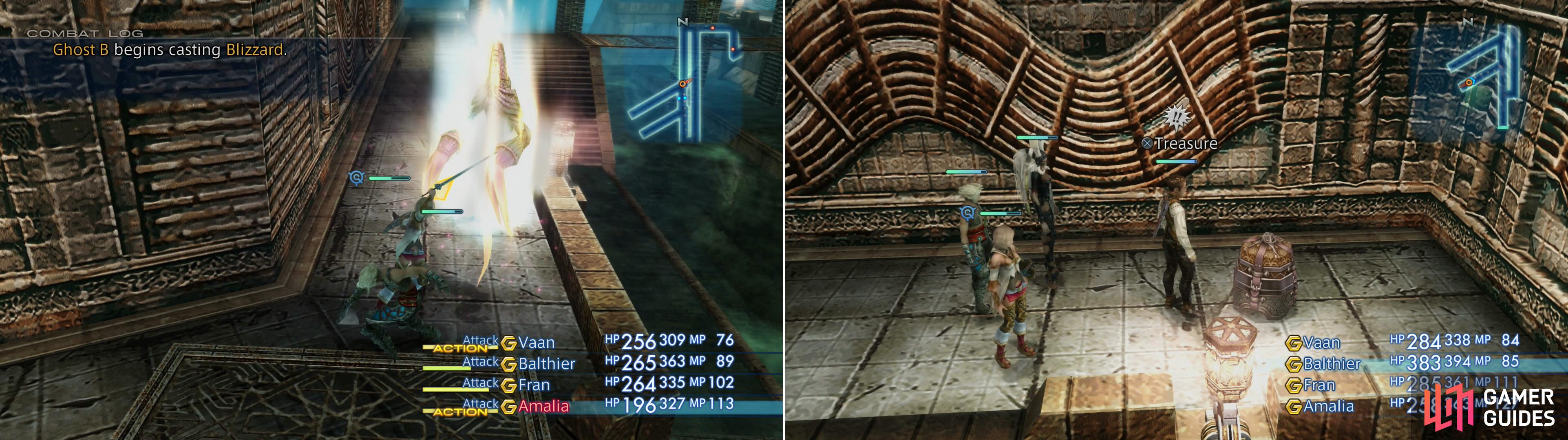 Ghosts have the annoying habit of teleporting when you’re about to attack (left). Endure them and other foes and plunder chests as you work through the sewers (right).