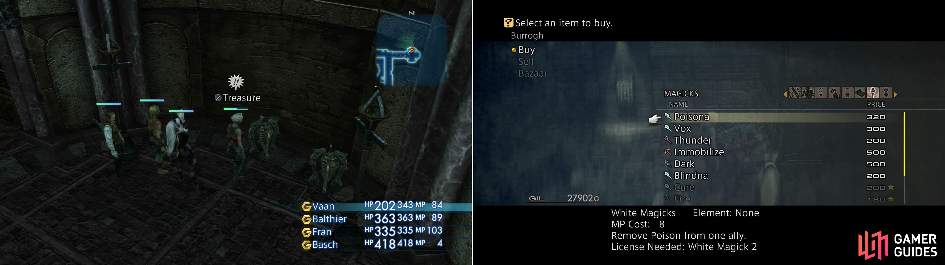 Loot the treasure chests in a dead-end passage, one of which possesses a great deal or Gil (left). Visit the Bangaa merchant Burrogh to sell off loot and buy a few new spells (right).