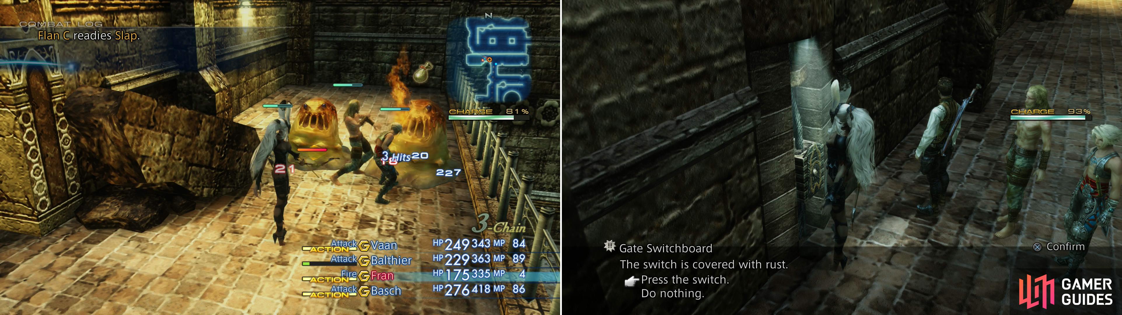 More Flans - now normal enemies - lurk in Barheim Passage, but Fran’s Fire magick works just as well here as in Garamsythe (left). Flip a switch to open another gate (right).