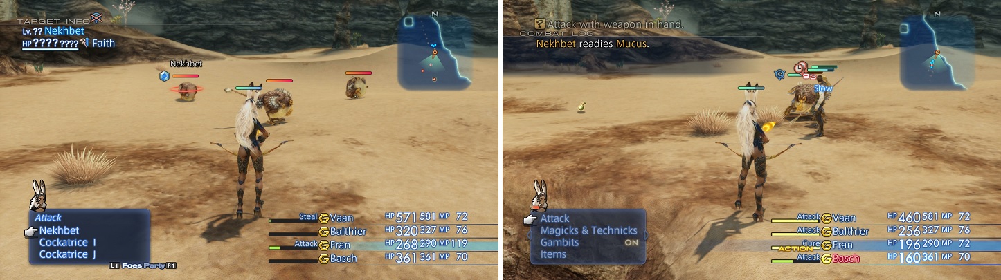 You can tell if Nekhbet spawned by his buffs (left). His Mucus attack inflicts Slow (right).