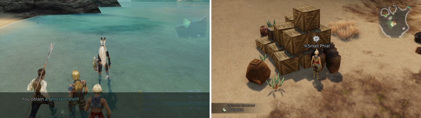 The Semclam Shells can be found along the shore (left). You can actually see the small phials of Nebralim in the outpost with Dantro (right).