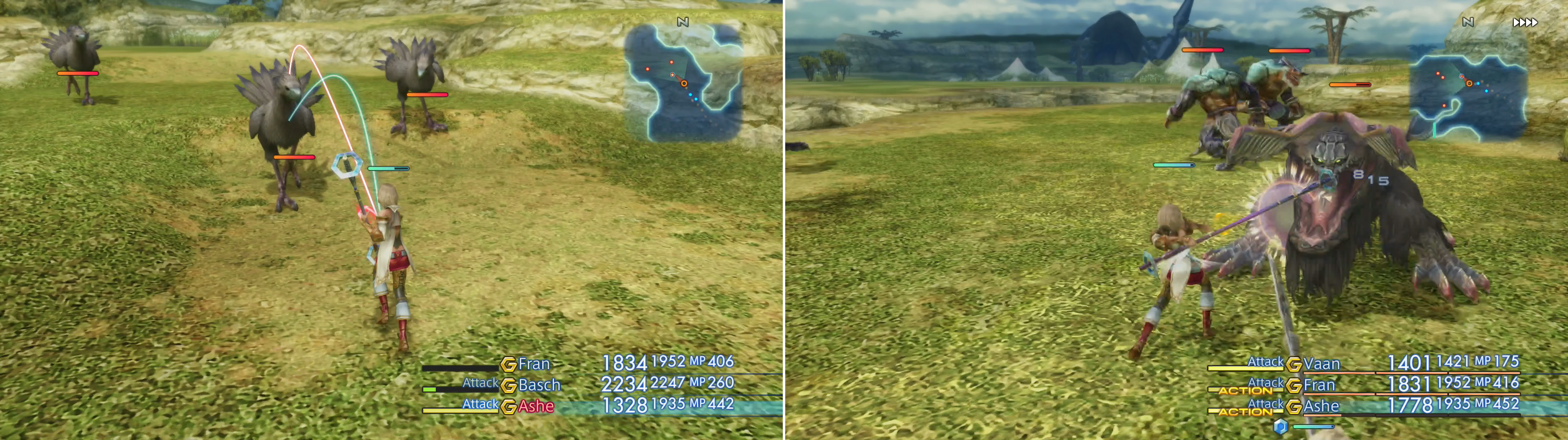 Not all Chocobos are friendly, as evidenced by the specimens on the Ozmone Plain (left). The elusive Hybrid Gator appears in different locations depending on the minutes on the game clock (right).