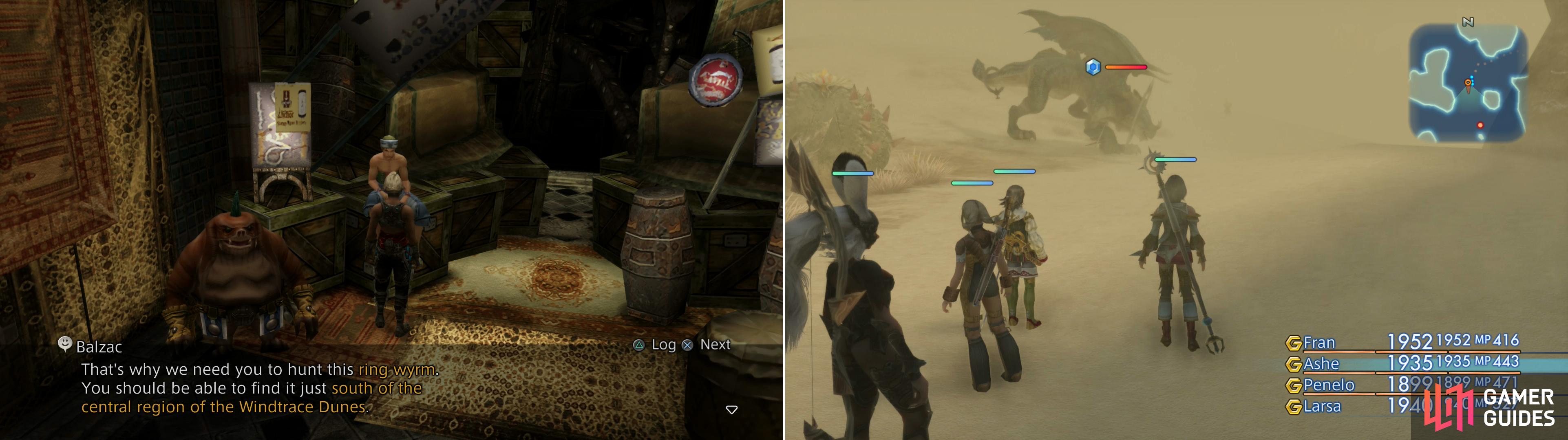 Speak to Balzac in Lowtown to learn about his Mark, the Ring Wyrm (left). You’ll find Ring Wyrm in the Windtrace Dunes zone, as long as there’s a sandstorm active (right).