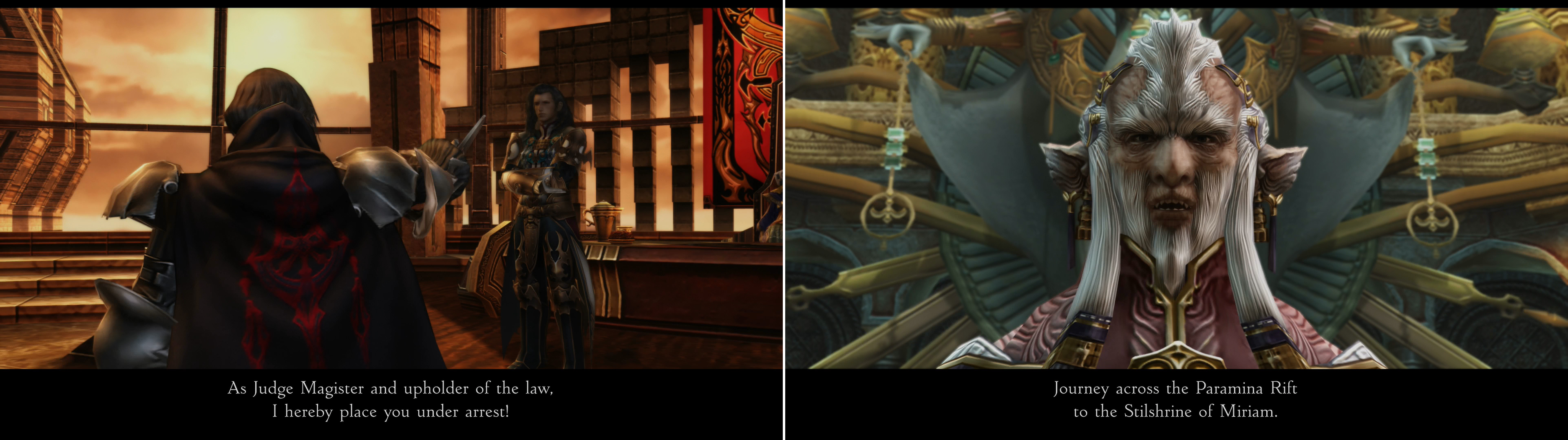 Vayne makes a power-play in Archades (left), and in response to this revelation the Gran Kiltias will advise you to seek out the Sword of Kings in the Stilshrine of Miriam (right).