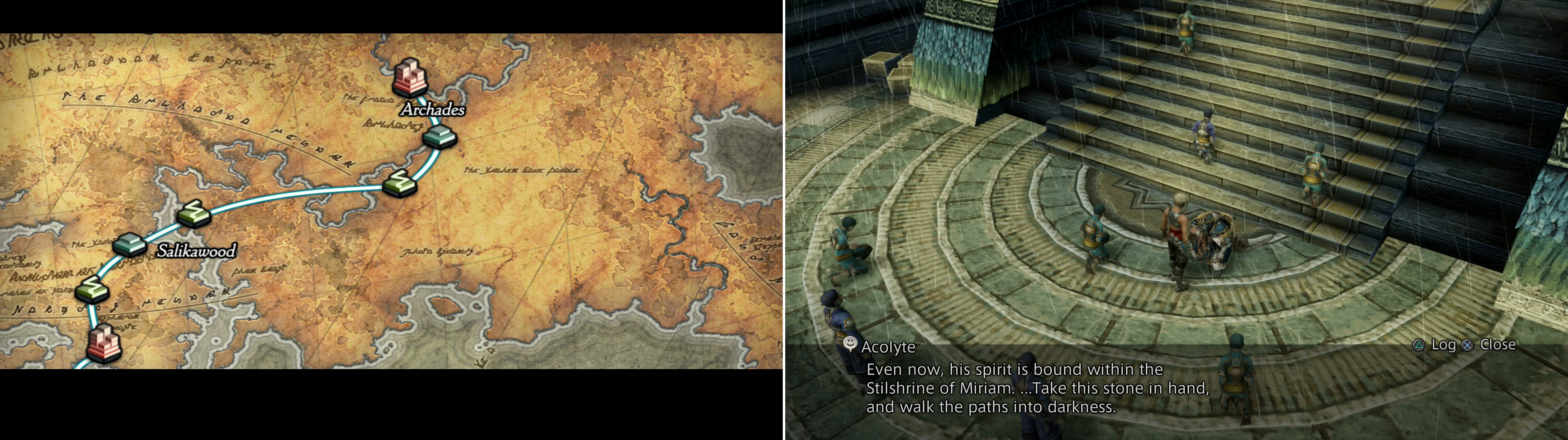 After Mt. Bur-Omisace, the party will plan a route to Archades (left). Talk to an Acolyte and he’ll tell you of a greater trial in the Stilshrine of Miriam (right).