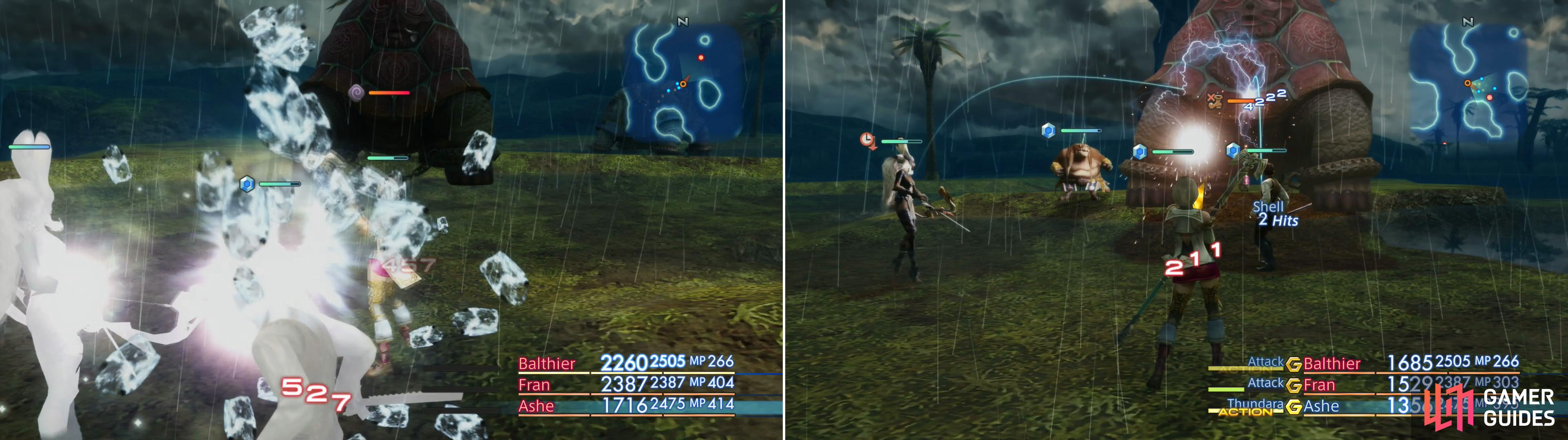 Gil Snapper will fight back with a variety of attacks, including Blizzara (left). It’s also susceptible to a host of status effects, and is weak to Lightning (right).