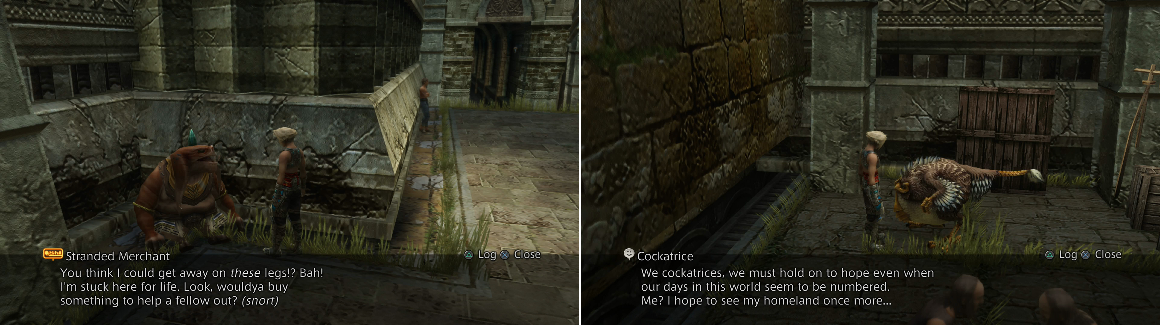 The Stranded Merchant in Old Archades doesn’t sell much of interest, but he can give you access to the Bazaar (left). If you picked up the Feather of the Flock, you can talk to an old Cockatrice (right).