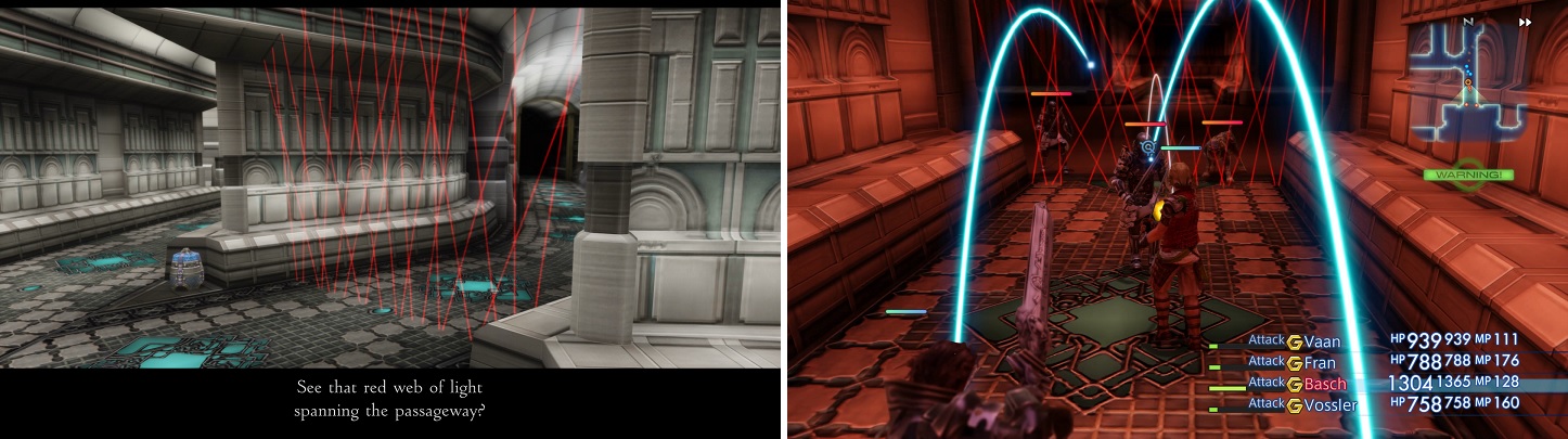 The large, red laser grids (left) will cause an alarm to set off if you step through them, summoning some Imperial forces for you to fight (right).