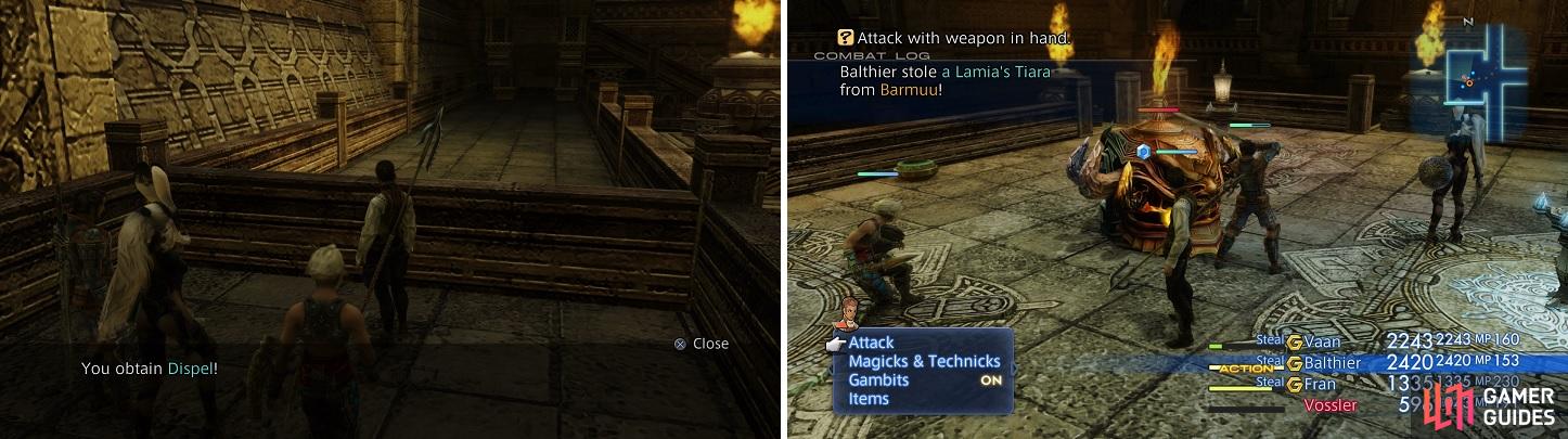 Dispel (left) is one of the more important magicks in the game. The Lamia’s Tiara you can steal from Barmuu is a decent upgrade (right).
