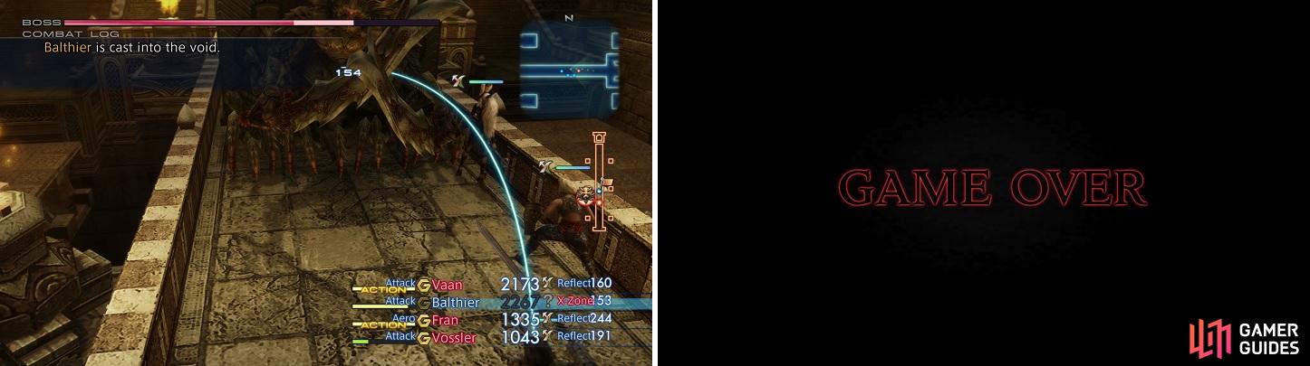 The Demon Wall can remove a party member with Telega, sending them to the X-Zone (left). If you don’t kill it quick enough, it will smash you and cause a game over (right).