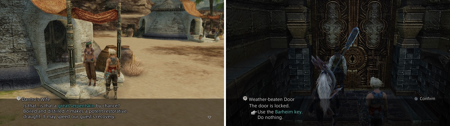 The Great Serpentskin from the Nidhogg hunt is used in the Patient sidequest (left). The Barheim Key from the sidequest will allow you to venture back inside the Barheim Passage (right).