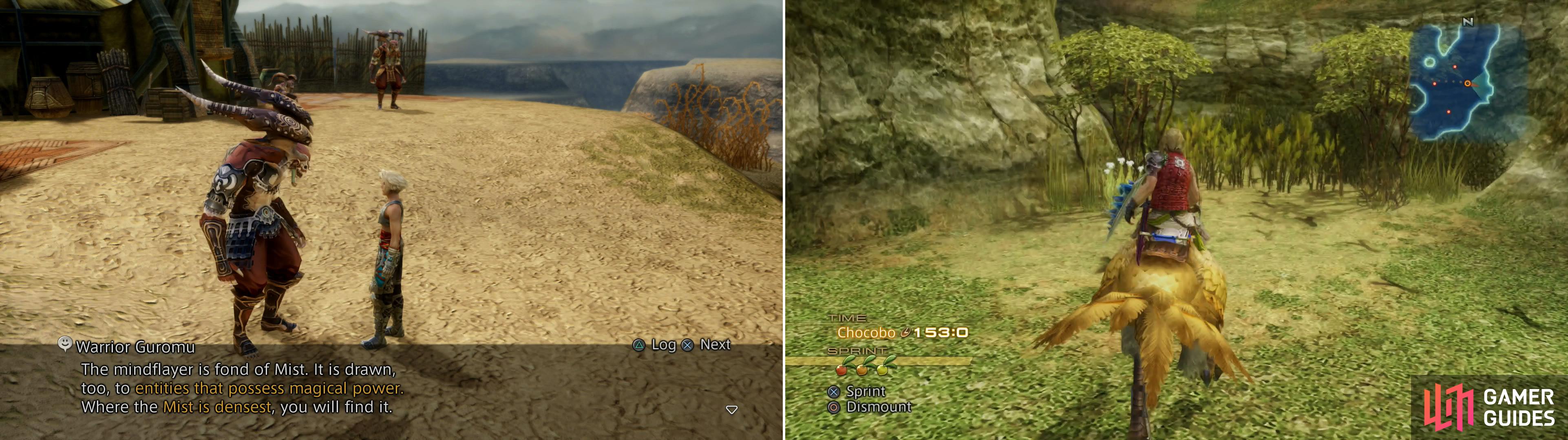 Talk to Warrior Guromu (left) to learn about the Mindflayer, then ride a Chocobo to the Henne Mines (right).