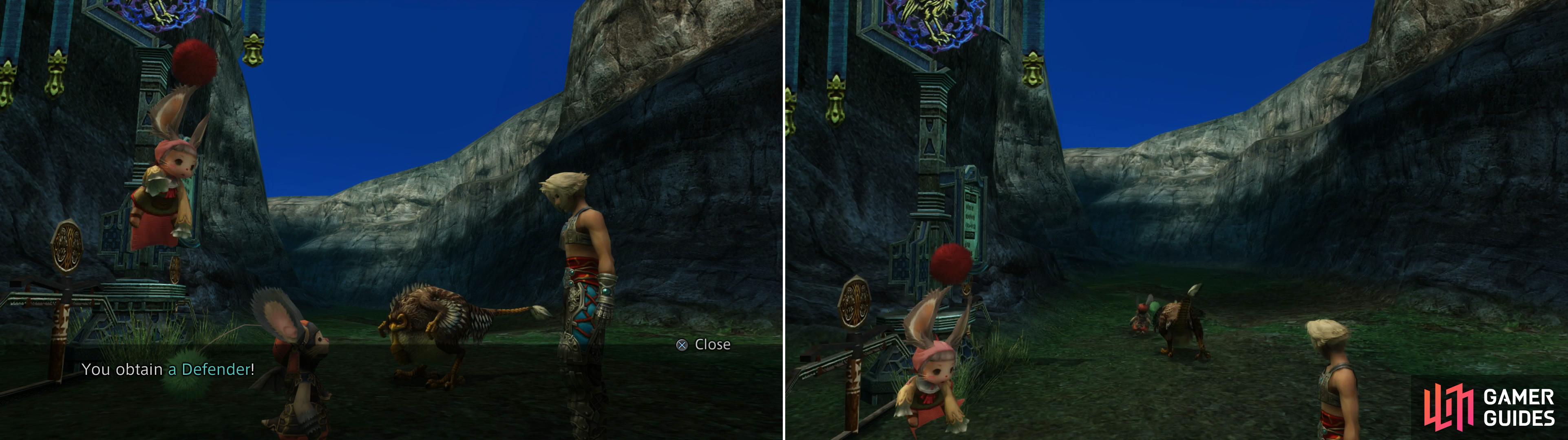 For helping the Moogle rent a Chocobo worthy of his funds you’ll be rewarded with a Defender (left) after which the “Chocobo” will find that the gig isn’t all it’s cracked up to be (right).