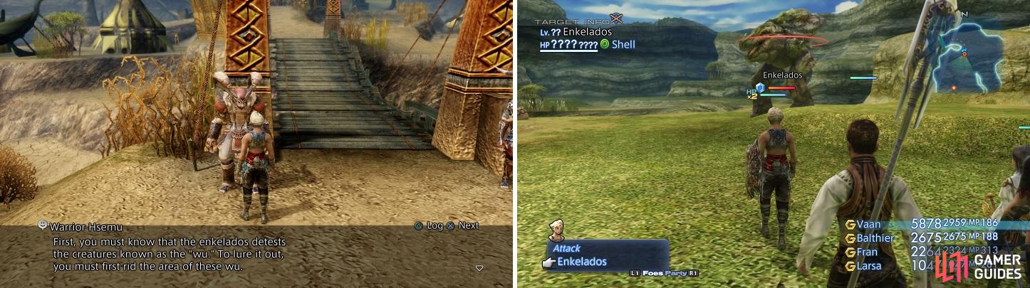Hsemu will give you rundown on how to spawn Enkelados (left), where you will it in The Shred after clearing it of the Wu creatures (right).