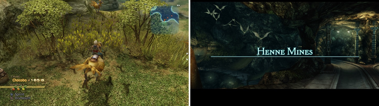 Look for the tracks while riding a Chocobo (left) to find the entrance to Henne Mines (right).