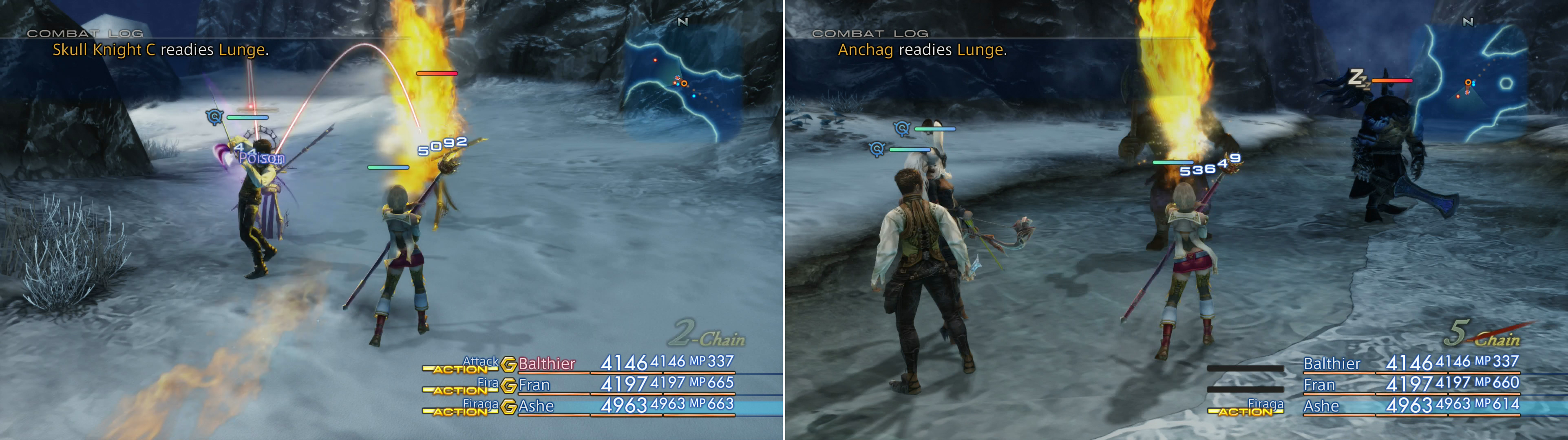 Kill all the monsters in the Karydine Glacier area to lure out Ancbolder (left), then put the headless foe down with the good old Sleep, Oil and fire magick combo (right).