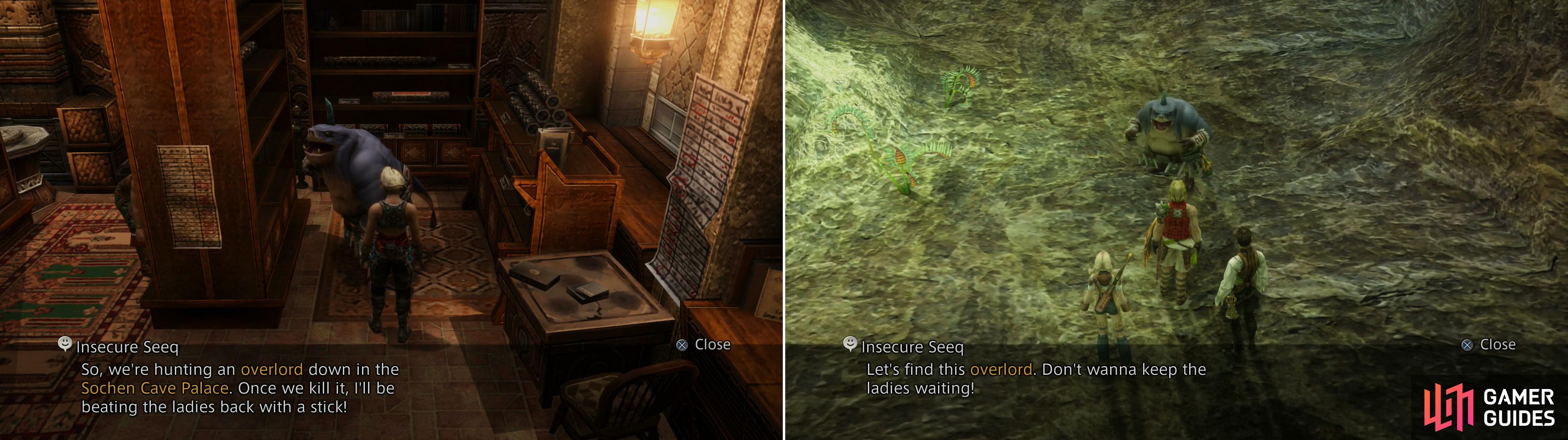 Talk to the Insecure Seeq and he’ll tell you his plan (left) then join him in the Sochen Cave Palace (right).