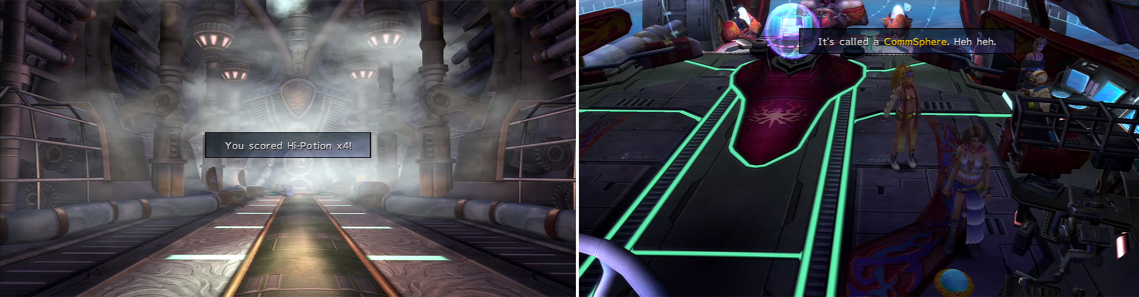 Remember to check the Engine Room again for items (left) and then speak with Shinra to learn about Commspheres (right).