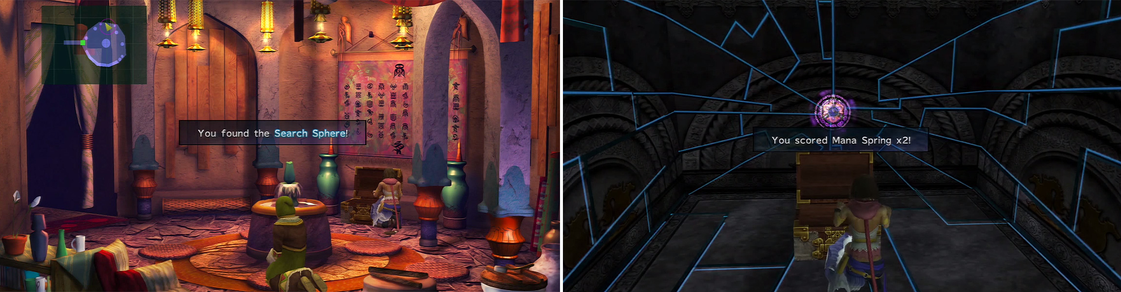 You can use the Besaid Key on the chest to get the Search Sphere (left). This allows you to search for spheres around Besaid needed for Wakka’s cave. In the temple, you won’t have to solve the Trials puzzle but there are still items (right).
