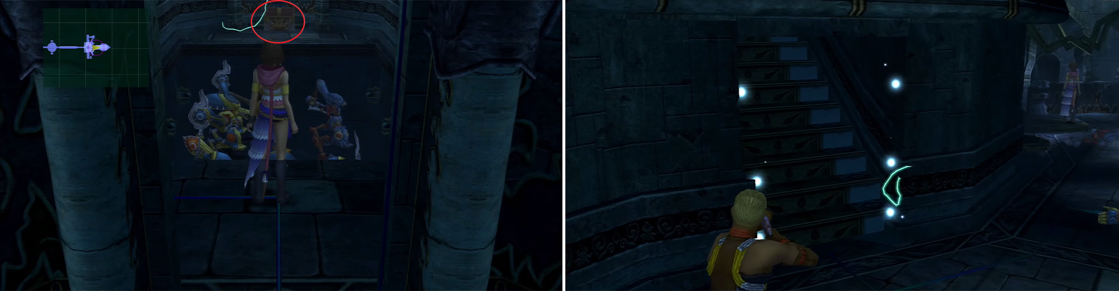 Jump over this gap (left) to get the items here. The temple has a few chests littered around. The pedestals are random as to which one opens the way to the Chamber of the Fayth (right).