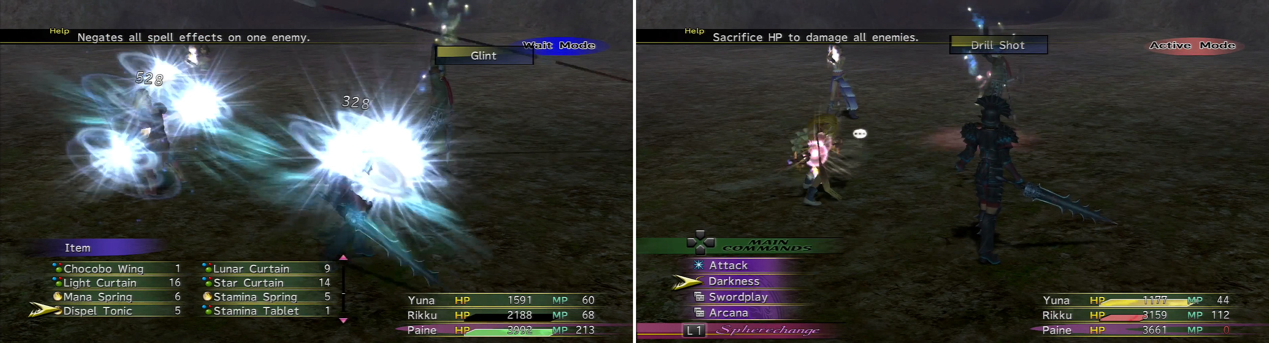 Baralai uses Glint (left) to hit everyone, and later, the nasty Drill Shot (right) which can be mitigated with Protect.