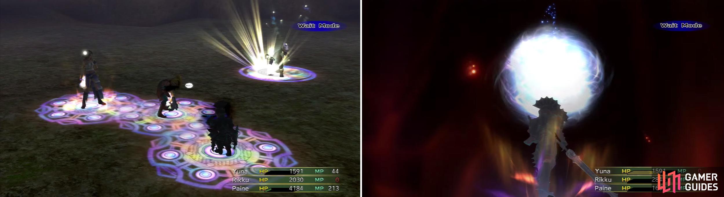Nooj’s basic attacks are manageable, as is Greedy Aura (left) despite it’s annoying MP-drain effect. Just when you think the battle is going well, Lightfall (right) will appear, causing 5000 HP damage regardless!