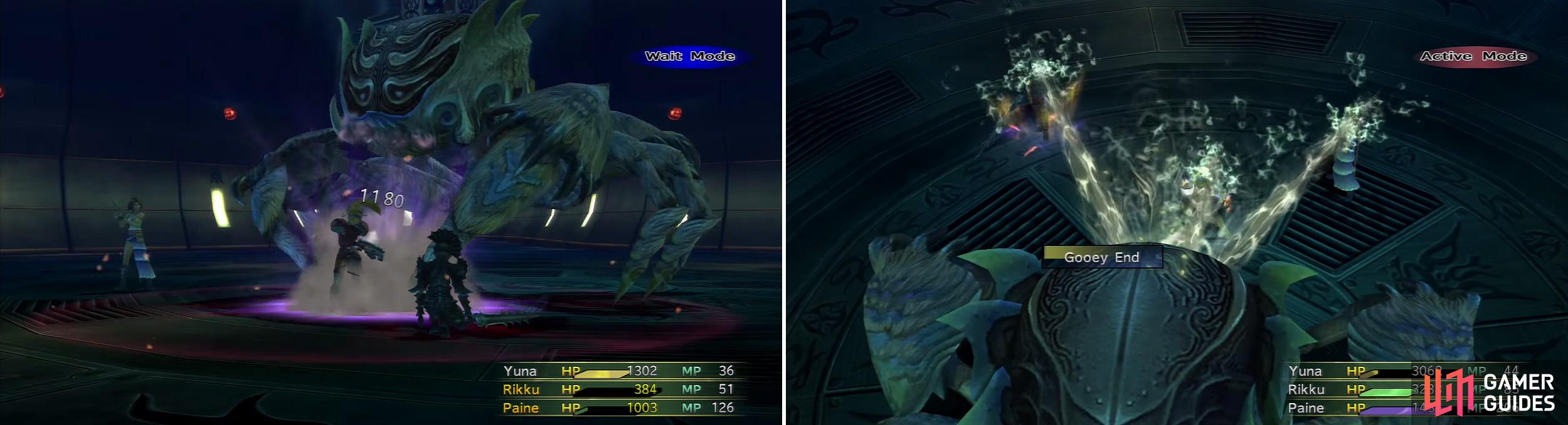 Aranea is a stronger version of Boris, the giant crab. It uses Spider Bite (left) and Gooey End (right) which is a stronger version of Sticky End. He isn’t difficult.